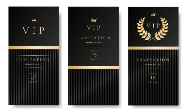 VIP invitation card, banner or flyer with golden elements on black background. Luxury premium design set for event invite, celebration party, formal reception.