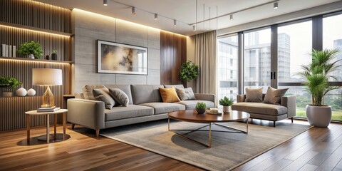 Fototapeta premium Modern apartment living room with sleek furniture and neutral tones, modern, apartment, living room, interior, furniture