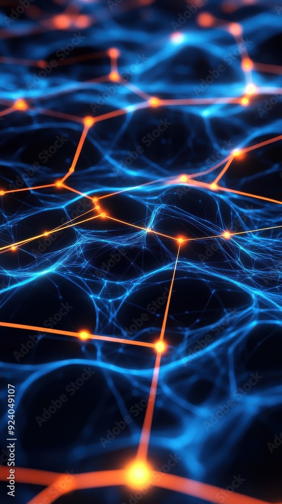 Poster digitally rendered animation of a dynamic neural digital network with interconnected nodes and glowi