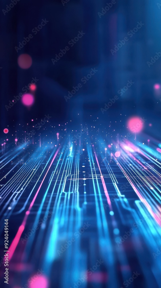 Poster digitally rendered animation of a futuristic digital landscape with holographic interfaces and float