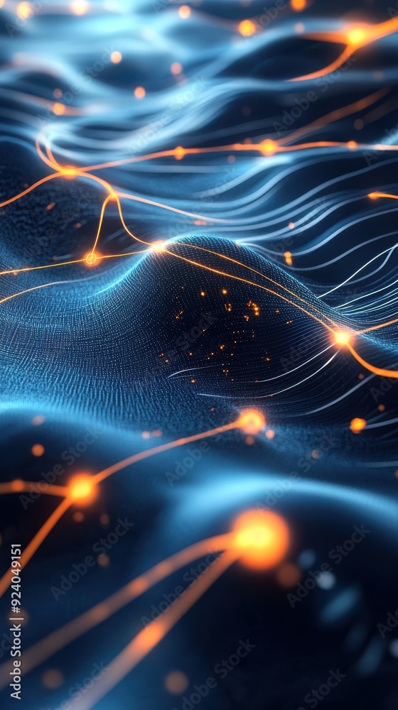 Poster digitally rendered animation of a dynamic neural digital network with interconnected nodes and glowi