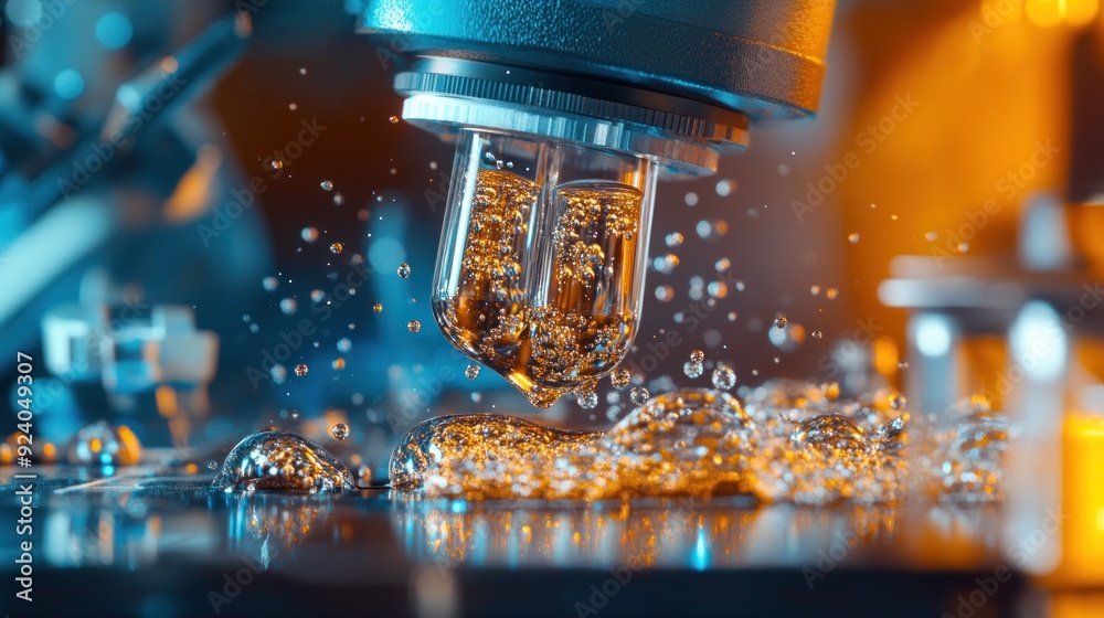 Poster liquid droplets falling from a pipette onto a reflective surface