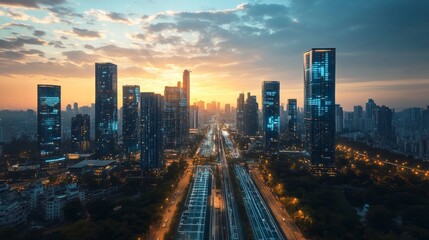 Futuristic Urban Development with Smart Tech Integration: Urban areas developed with integrated smart technology for enhanced living.