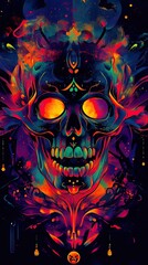 A colorful skull with a glowing eye and a green tongue