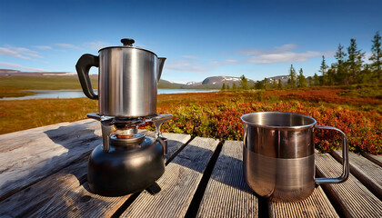  Outdoor Coffee Break- A serene image of an outdoor cooker with an aluminum coffee pot, set _1(511)