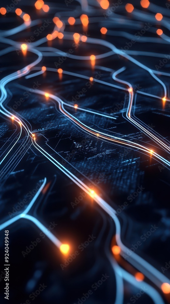 Poster hyperrealistic 3d animation with a network of digital data streams, designed as a seamless loop for 