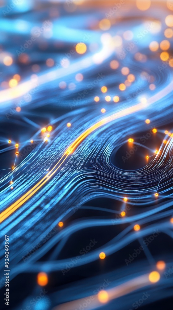 Poster hyperrealistic 3d animation with a network of digital data streams, designed as a seamless loop for 