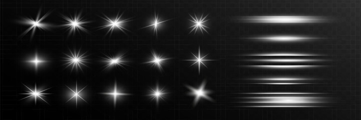 Fototapeta premium Glow isolated white transparent starlight effect set, lens flare, explosion, line, sun flash, glitter, spark and stars. Abstract special effect element design. Shine ray with lightning