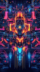 A colorful, abstract image of a futuristic cityscape with neon lights