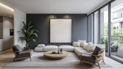 Fototapeta premium Modern living room with white sofa, wooden chairs, and a large empty picture frame