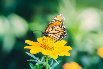 Fototapeta premium Closeup butterfly on flower A monarch butterfly feeding on yellow flowers in a Summer garden in Thailand