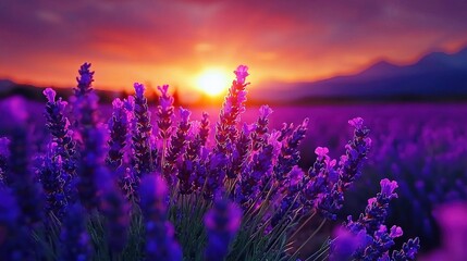   A field of lavender with the sun setting in the distance and mountains in the background
