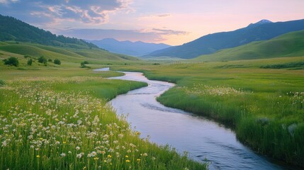 Serene River Winding Through Mountain Valley