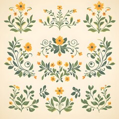Set of 9 stylized floral designs with yellow flowers and green leaves.