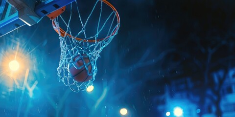 Basketball going into the hoop under bright blue lights on the court