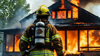 Fototapeta premium Firefighters fighting a fire in a house. Firefighters fighting a fire.