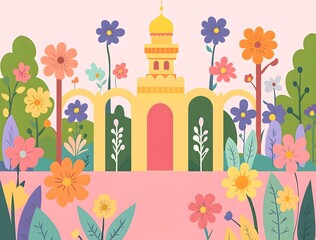 Obraz premium Illustration of a yellow building with arched entryways and colorful flowers surrounding it.