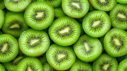   A stack of slivered kiwis atop a mound of adjacent kiwis
