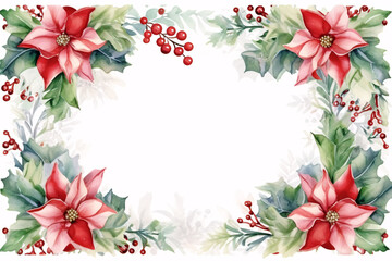 Obraz premium Watercolor garland frame decorated with christmas flower, holly and fir branch on white background, Christmas background. Generative AI