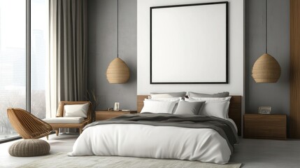 Modern Bedroom with Large Blank Canvas and Woven Lamps