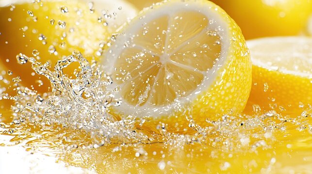   A lemon with water splashing on its side and the whole lemon in the background is depicted in a close-up image