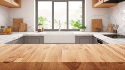 A warm, wooden kitchen surface with a bright, blurred kitchen backdrop, highlighting the cozy and modern atmosphere of the cooking space