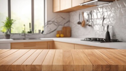 A close-up of a wooden kitchen counter in a contemporary setting, with soft natural light filtering through the window, and a minimalist design in the background