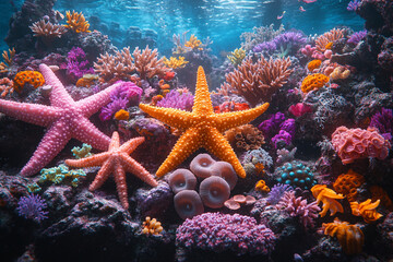 A vibrant coral reef with a variety of marine organic