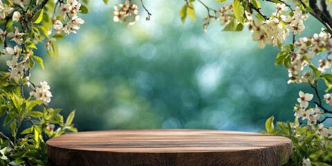 wood podium Spring background , ai