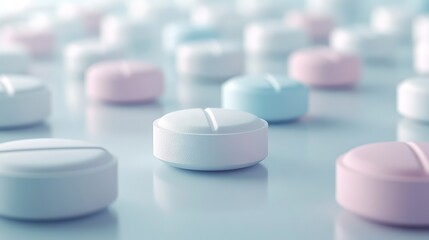   A collection of pills lined up on a white table with matching caps