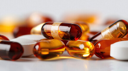   A close-up of a cluster of pills arranged with one pill at the center and another pill in the center