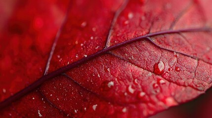 Fototapeta premium A detailed photo of a red leaf with droplets of water on its tips and edges