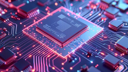 Obraz premium Detailed close up of intricate microchip circuits with soft, ethereal glow radiating from its core