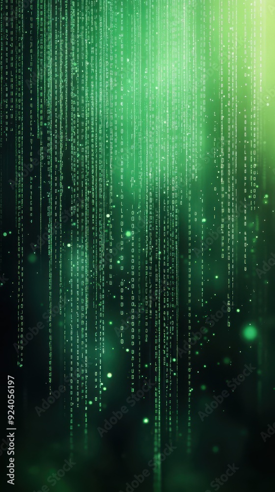 Poster a binary code stream in green, cascading down like digital rain, reminiscent of the matrix