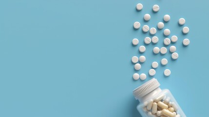 Macro top view of white Diazepam pills and tablets pouring from a medication bottle with space for text