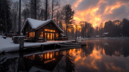 Fototapeta premium A cabin rests on a lake's edge with the setting sun reflecting off the water and casting shadows through the trees