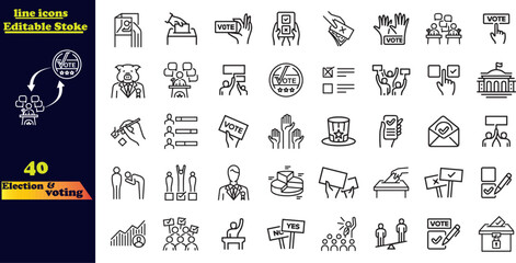 Set of 40 outline icons related to Election and voting .