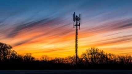 Fototapeta premium A 5G transmission tower silhouetted against a dramatic evening sky, with plenty of copy space around the tower. 