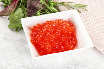 Red caviar in the bowl