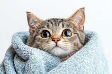 Adorable Cat Wrapped in a Towel Post-Bath, Exuding Cuddly Comfort on a Pristine Background.