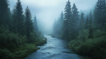 Misty River in a Coniferous Forest