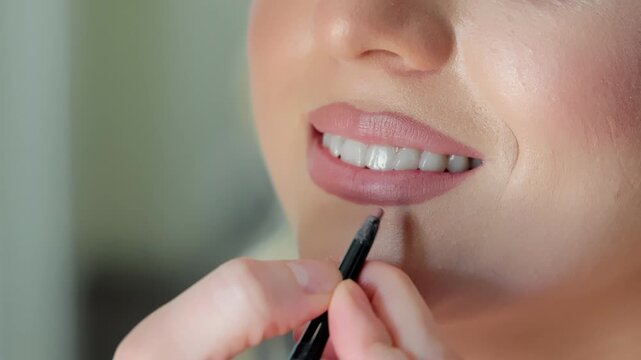 Close-up of a bride's lips being carefully outlined with lip liner, A detailed close-up shot showing a makeup artist's hand delicately applying lip liner to a bride's lips.