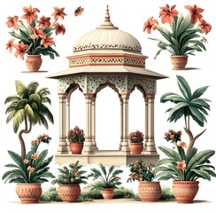 Ornate Pavilion Surrounded By Tropical Plants And Flowers.