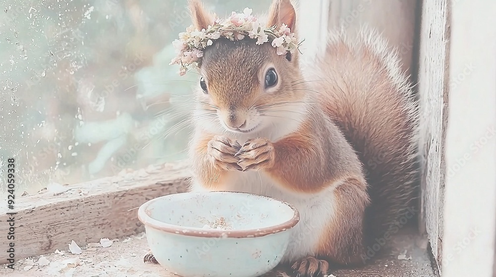 Wall mural squirrel sitting on window sill with flower crown