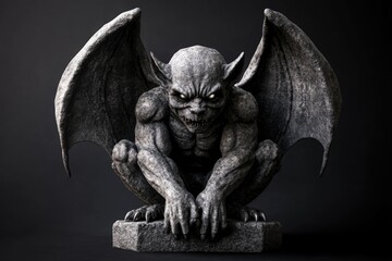 Stone Gargoyle with Wings, Sitting on a Stone Base, Against a Dark Background