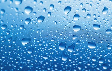 Water droplets on glass, macro photography, blue background