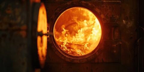 View of the fire in the combustion chamber of a coal fired stoker boiler from the window