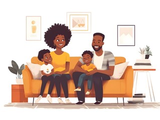 A happy family of four sitting on a yellow couch in their living room.