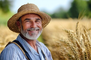 Fototapeta premium Smiling farmer in field in straw hat
