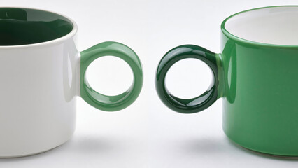 Closeup of white and green ceramic cups on white background.